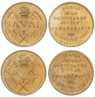 Peseta System: Estado Español
Lote 2 Pruebas de Máquina de 1 Peseta. 1948. NAVAL. TALLERES SAN CARLOS. Reversos coincidente y no coincidente. HG-267a...