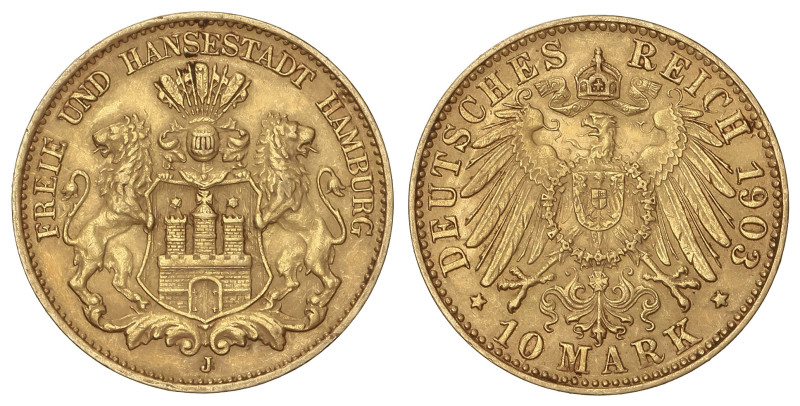 World Coins: German States
10 Mark. 1903-J. HAMBURG. 3,93 grs. AU (900). Fr-378...