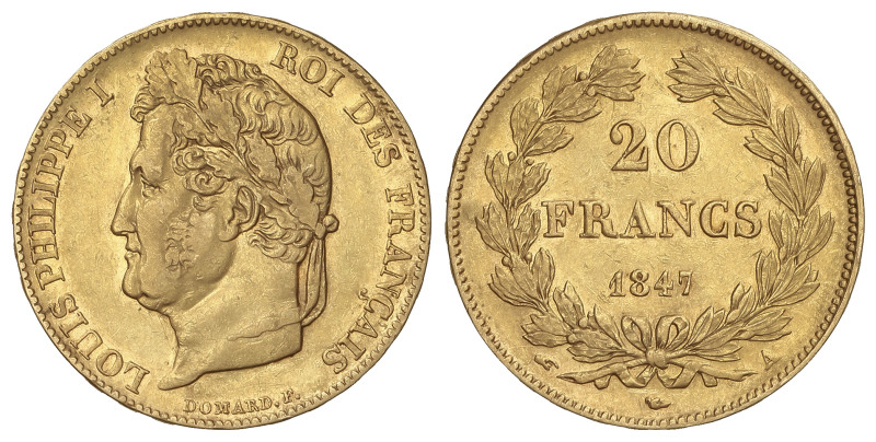 World Coins: France
20 Francs. 1847-A. LOUIS PHILIPPE I. PARIS. 6,41 grs. AU (9...