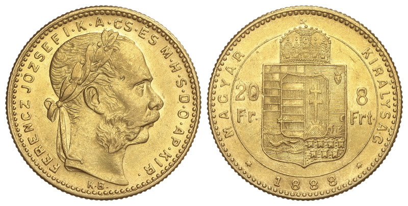 World Coins: Hungary
8 Forint 20 Francs. 1888-KB. FRANZ JOSEPH I. KREMNITZ. 6,4...