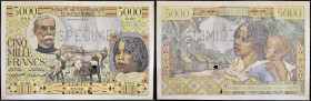 MADAGASCAR - MADAGASCAR
5000 francs type “Gallieni” SPÉCIMEN ND (1955).
P.49bs.
Alphabet O.00 - numéro 000, avec une perforation “SPECIMEN” de manière...