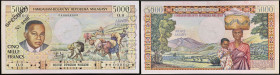 MADAGASCAR - MADAGASCAR
5000 francs - 1000 ariary type “SPÉCIMEN” ND (1966).
P.60s.
Alphabet O.0 - numéro 00000, avec une perforation “SPECIMEN” de ma...