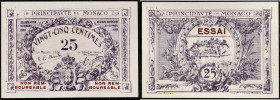 MONACO - MONACO
25 centimes type “SPÉCIMEN” 1920.
P.2as.
C’est le second plus haut grade ! Pas d’alphabet, ni de numéro et avec la mention “NON REMBOU...