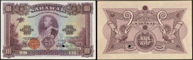 SARAWAK - SARAWAK
100 dollars type “SPÉCIMEN” 1er juillet 1929.
P.19s.
Pas d’alphabet, ni de numéro. On retrouve un petit trou par perforation au nive...