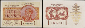 SARRE - SAAR
1 franc type “Mines domaniales de la Sarre” - petit numéro et spécial 1920.
P.Saar 2 - VF.51.01.
Alphabet A - numéro 022,002, soit un pet...