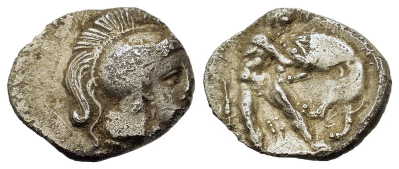 Italy. Southern Apulia. Tarentum, c. 380-325 BC. AR Diobol (13,2mm, 1.2g). Helme...