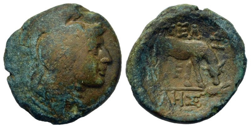 Macedon, Pella, c. 187-168 BC. Æ (10mm, 5.7g). Helmeted head of Athena r. R/ Cow...