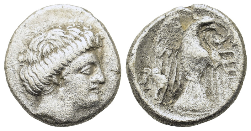 Euboia, Chalkis, c. 338-308 BC. AR Drachm (16mm, 3.3g). Head of the nymph Chalki...