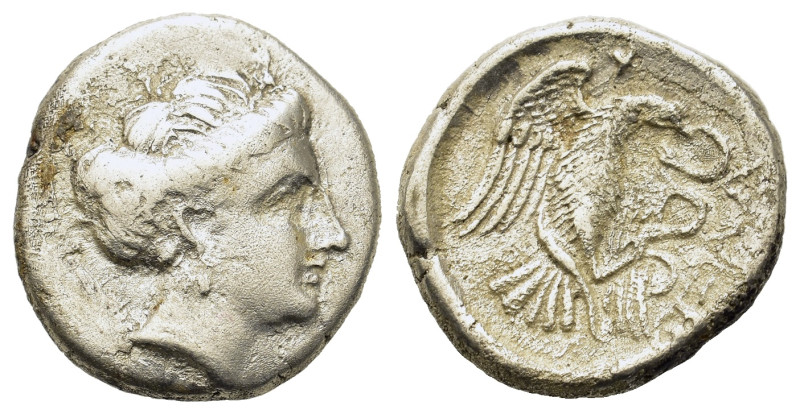 Euboia, Chalkis, c. 338-308 BC. AR Drachm (15mm, 3.6g). Head of the nymph Chalki...