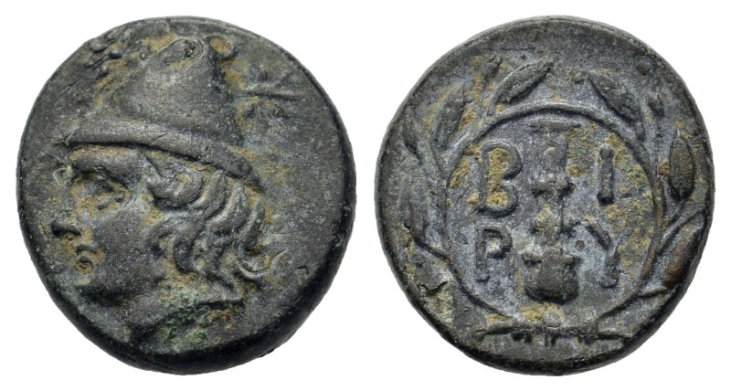 Troas, Birytis, c. 4th Century BC. Æ (11,3mm, 1.4g). Head of Kabiros left, weari...