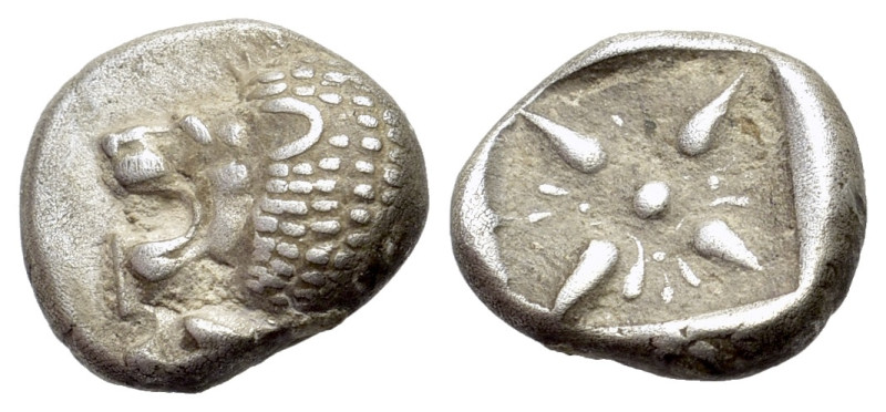 Ionia, Miletos, c. 525-475 BC. AR Diobol (9mm, 1.16g). Forepart of lion to right...