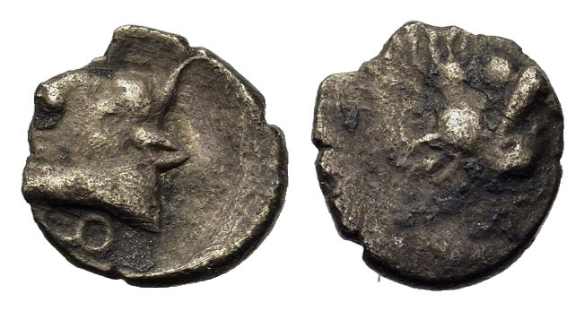 Caria, Uncertain, c. 400-340 BC. AR Hemiobol (8,3mm, 0.29g). Head and neck of li...