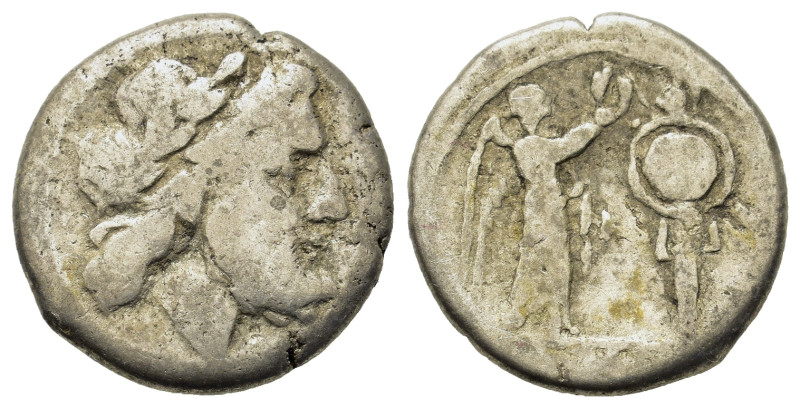 Anonymous, Rome, after 211 BC. AR Victoriatus (15,5, 2.6g). Laureate head of Jup...