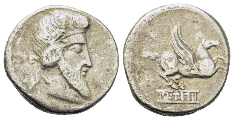 Q. Titius, Rome, c. 90 BC. AR Denarius (16,7mm, 3.5g). Rome. Bearded head of Mut...