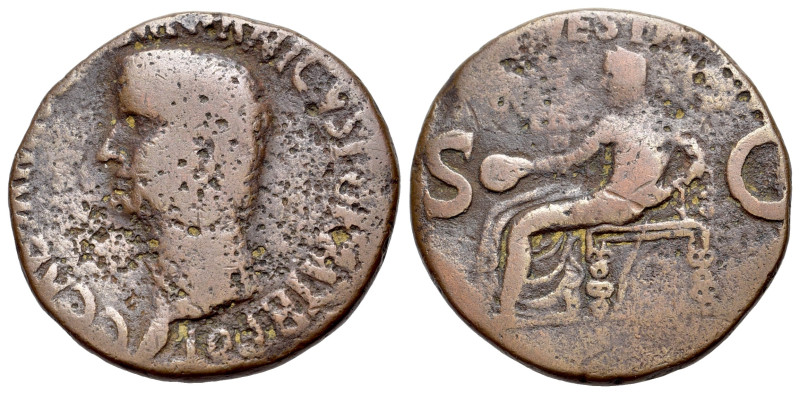 Gaius (37-41). Æ As (25mm, 7g). Rome. Bare head l. R/ VESTA above, S C across fi...