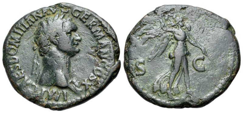 Domitian (81-96). Æ As (27 mm, 9.59g). Rome, AD 84. Laureate bust r., wearing ae...