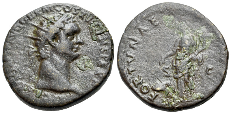 Domitian (81-96). Æ Dupondius (26mm, 13.45g). Rome, AD 90-91. Radiate head r. R/...