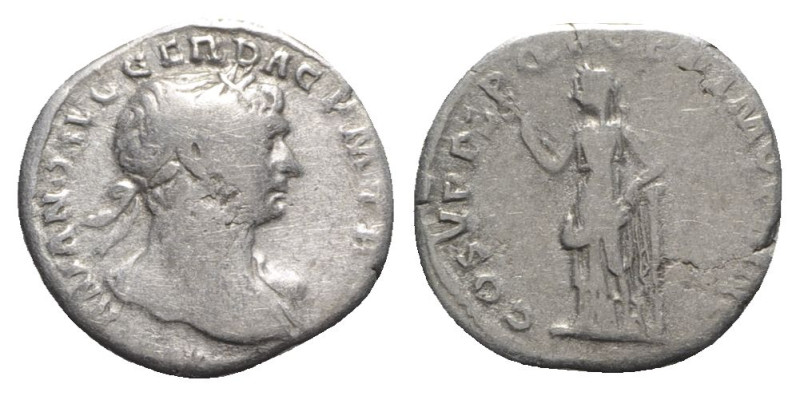 Trajan (98-117). AR Denarius (18mm, 3.26g, 7h). Rome, c. 108-110. Laureate bust ...