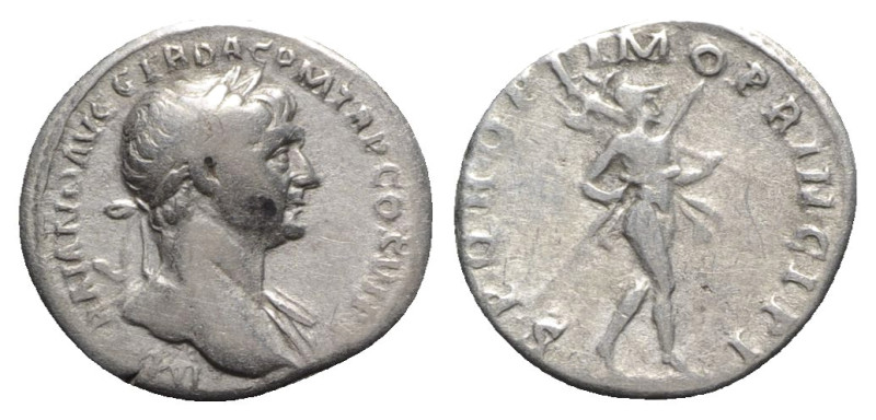 Trajan (98-117). AR Denarius (18mm, 3.02g, 7h). Rome, 113-4. Laureate bust r., s...