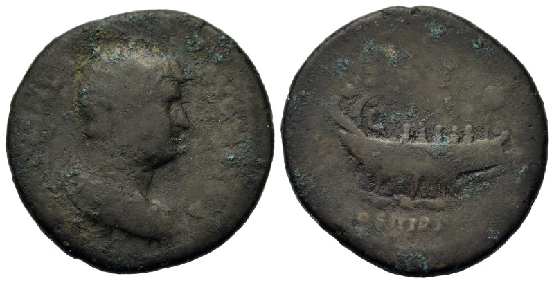 Hadrian (117-138). Æ Dupondius (27,2mm, 10.4g). Rome. Draped bust r. R/ Galley r...