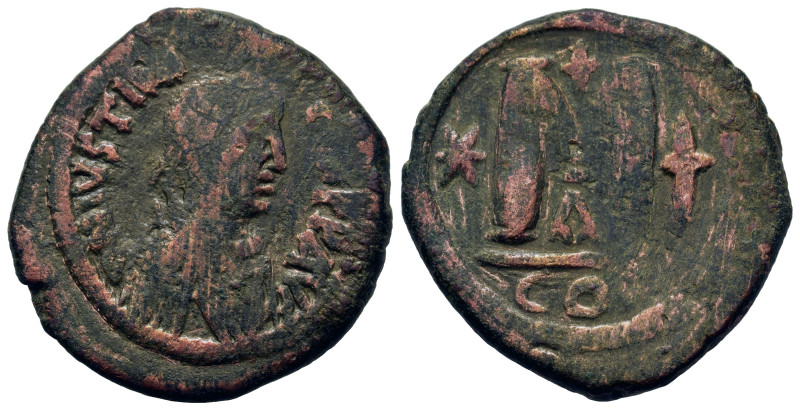 Justinianus I (527-565). Æ 40 Nummi (15mm, 17.1g). Constantinople, AD 527. R/ La...