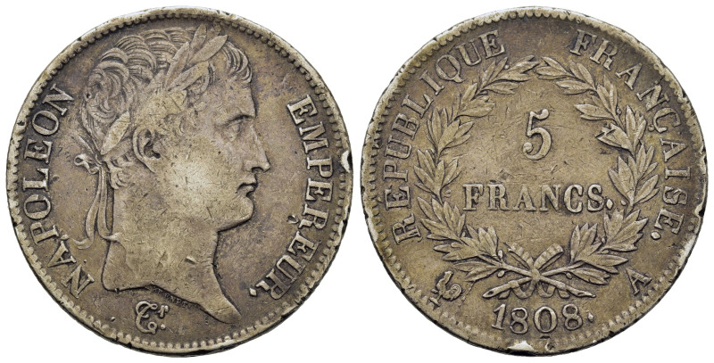 France. Napoleon I (1797-1814). AR 5 Francs 1808 A (37,2mm, 24.8g). Paris. KM 68...