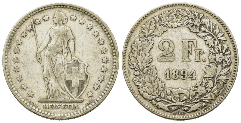 Swiss. AR 2 Francs 1894 (27mm, 9.9g). KM 21.