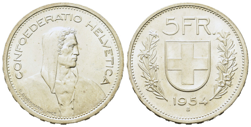 Swiss. AR 5 Francs 1954 B (31,2mm, 15g). KM 40.