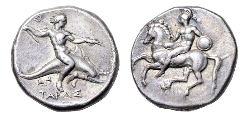 Calabria, Tarentum AR-Stater or Didrachm (20.5 mm, 7.82 g, 6h). Struck circa 350...