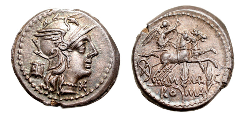 M. Marcius Mn.f AR-Denarius (19.0 mm, 3.91 g, 7h). Rome mint, 134 BC.
Obv. Helme...