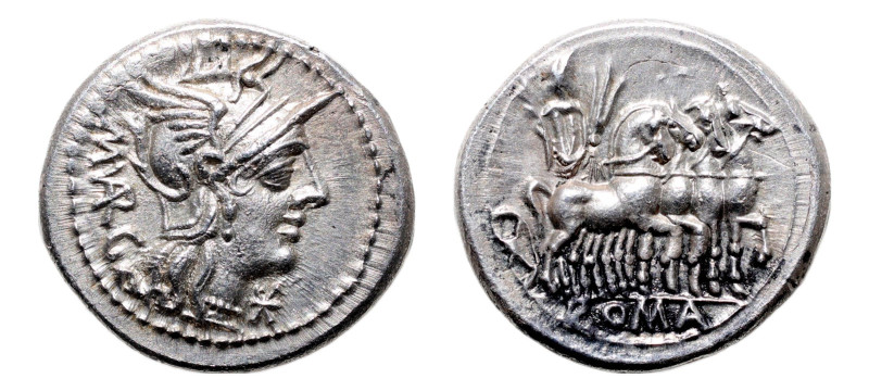 M. Vargunteius AR-Denarius (20.6 mm, 3.88 g, 6h). Rome mint, 130 BC.
Obv. Helmet...