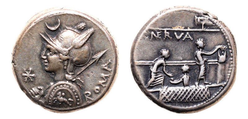 P. Licinius Nerva AR-Denarius (17.6 mm, 3.95 g, 4h). Rome mint, 113-112 BC.
Obv....