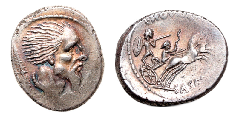 L. Hostilius Saserna AR-Denarius (19.9 mm, 4.08 g, 3h). Rome mint, 48 BC.
Obv. H...