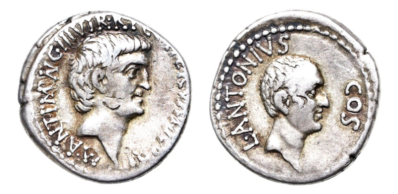 Marcus Antonius, Lucius Antonius and Lucius Cocceius Nerva AR-Denarius (19.4 mm,...