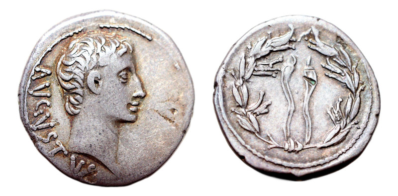 Octavian as Augustus (27 BC-AD 14) AR-Denarius (19.3 mm, 3.67 g, 6h). North Pelo...