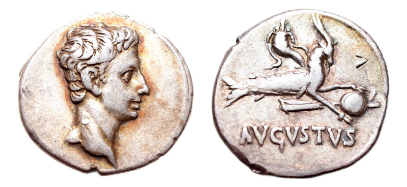 Octavian as Augustus (27 BC-AD 14) AR-Denarius (18.7 mm, 3.79 g, 7h). Spanish mi...