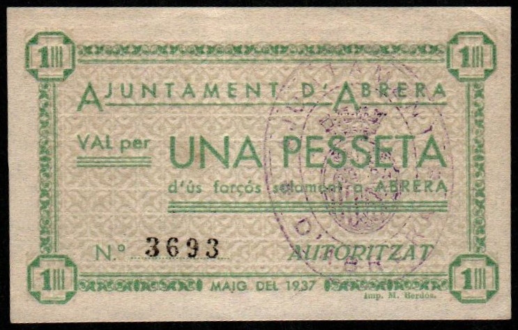 Abrera, Barcelona. Ayuntamiento. Mayo de 1937. 1 peseta. Sin serie. G2; T4; M7B....