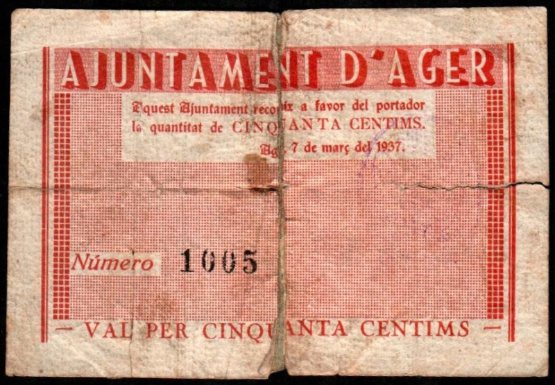 Ager, Lleida. Ayuntamiento. 7 de marzo de 1937. 50 céntimos. Sin serie. Numeraci...