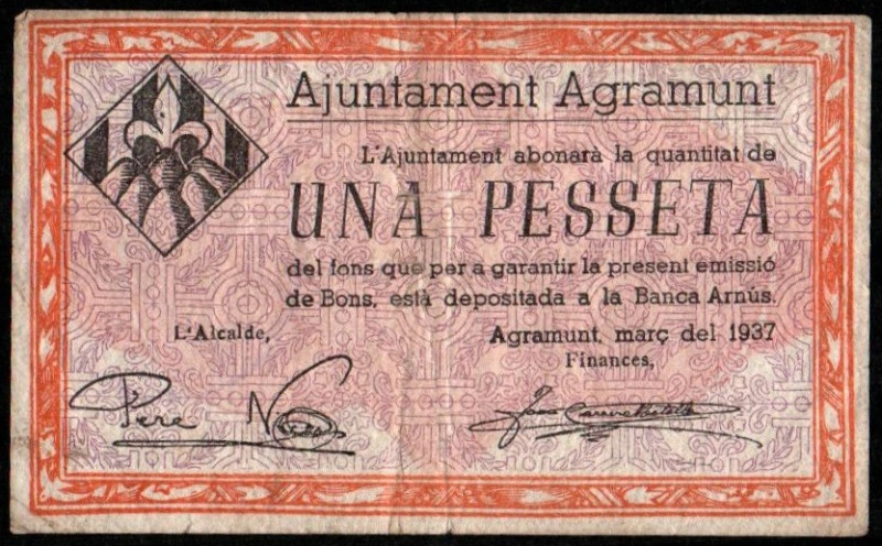 Agramunt, Lleida. Ayuntamiento. Marzo de 1937. 1 peseta. Sin serie. Sello de la ...