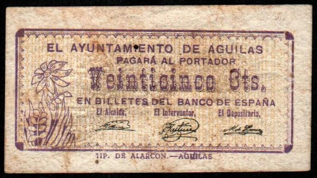 Águilas, Murcia. Ayuntamiento. 1 de octubre de 1937. 25 céntimos. Sin serie. Num...