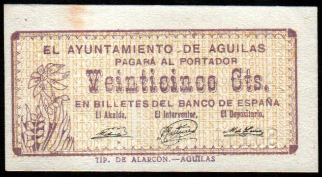 Águilas, Murcia. Ayuntamiento. 1 de octubre de 1937. 25 céntimos. 3ª emisión. Si...