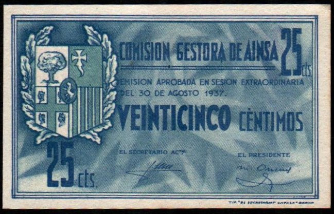 Ainsa, Huesca. Comisión Gestora de Ainsa. 30 de agosto de 1937. 25 céntimos. 1ª ...