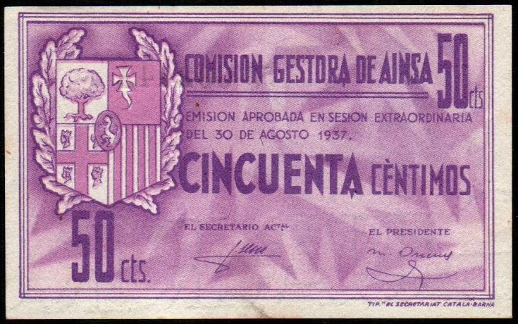 Ainsa, Huesca. Comisión Gestora de Ainsa. 30 de agosto de 1937. 50 céntimos. 1ª ...