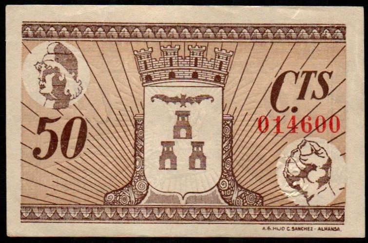 Albacete. Consejo Municipal. 50 céntimos. Sin serie. G22a; M39B. Márgenes algo d...