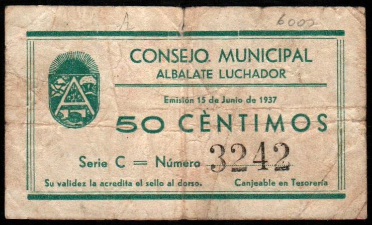 Albalate Luchador, Teruel. Consejo Municipal. 15 de junio de 1937. 50 céntimos. ...