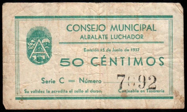 Albalate Luchador, Teruel. Consejo Municipal. 15 de junio de 1937. 50 céntimos. ...