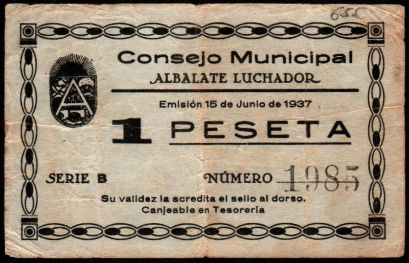 Albalate Luchador, Teruel. Consejo Municipal. 15 de junio de 1937. 1 peseta. 1ª ...