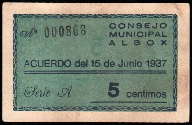 Albox, Almería. Consejo Municipal. 15 de junio de 1937. 5 céntimos. 1ª emisión. ...