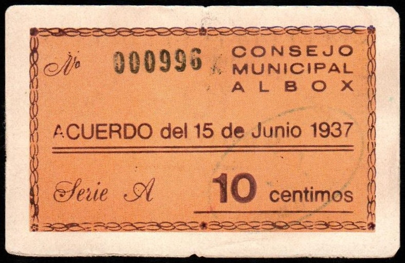 Albox, Almería. Consejo Municipal. 15 de junio de 1937. 10 céntimos. 1ª emisión....