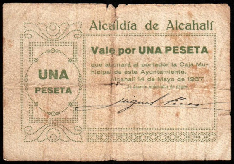 Alcahalí, Alicante. Alcaldía. 14 de mayo de 1937. 1 peseta. G41; M no cita. BC+...